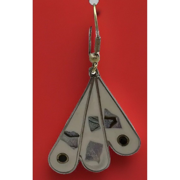 Vintage Earrings Silver Alpaca Mexico Inlay Onyx/Abalone Enamel Fan-Shaped - Picture 3 of 5